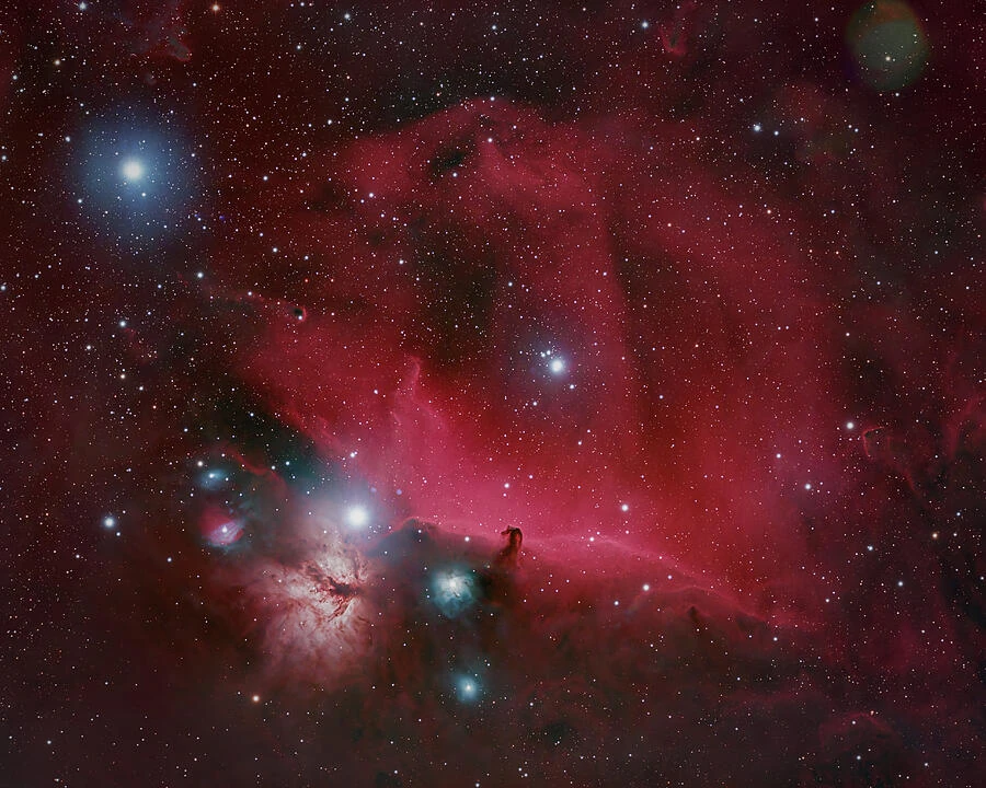 The Horsehead and Flame Nebulae near the eastern end of Orion’s Belt.