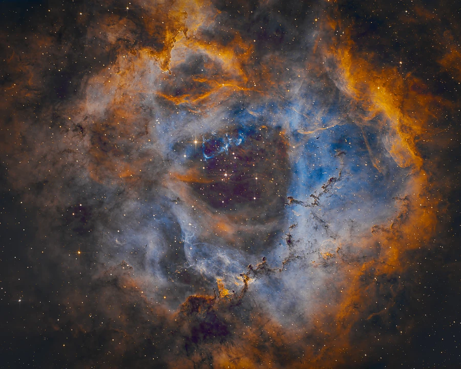 The Rosette Nebula, with luminous gas and dust surrounding its central star cluster.